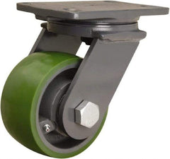 Hamilton - 5" Diam x 2-1/2" Wide x 7-1/4" OAH Top Plate Mount Swivel Caster - Polyurethane Mold onto Cast Iron Center, 1,300 Lb Capacity, Straight Roller Bearing, 4-1/2 x 6-1/2" Plate - Exact Industrial Supply