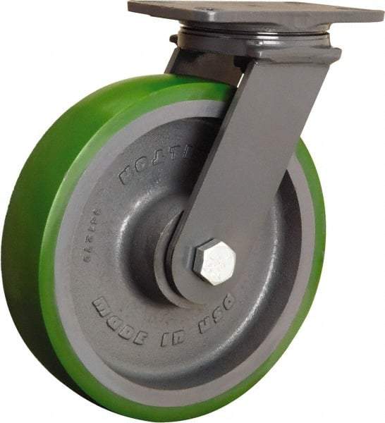 Hamilton - 10" Diam x 2-1/2" Wide x 12-1/16" OAH Top Plate Mount Swivel Caster - Polyurethane Mold onto Cast Iron Center, 2,400 Lb Capacity, Tapered Roller Bearing, 4-1/2 x 6-1/2" Plate - Exact Industrial Supply