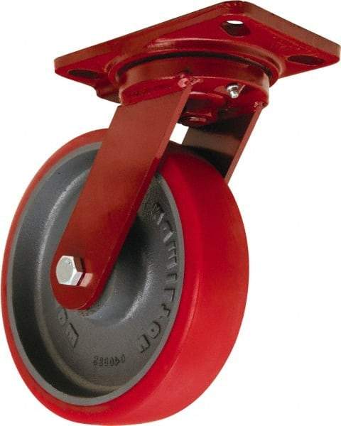 Hamilton - 8" Diam x 2" Wide x 9-3/4" OAH Top Plate Mount Swivel Caster - Polyurethane Mold onto Cast Iron Center, 1,800 Lb Capacity, Tapered Roller Bearing, 4-1/2 x 6-1/2" Plate - Exact Industrial Supply