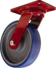 Hamilton - 8" Diam x 2" Wide x 9-3/4" OAH Top Plate Mount Swivel Caster - Polyurethane Mold onto Cast Iron Center, 1,200 Lb Capacity, Tapered Roller Bearing, 4-1/2 x 6-1/2" Plate - Exact Industrial Supply