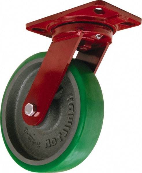 Hamilton - 8" Diam x 2" Wide x 9-3/4" OAH Top Plate Mount Swivel Caster - Polyurethane Mold onto Cast Iron Center, 1,500 Lb Capacity, Sealed Precision Ball Bearing, 4-1/2 x 6-1/2" Plate - Exact Industrial Supply