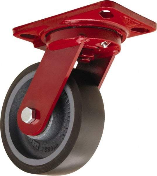 Hamilton - 6" Diam x 2" Wide x 7-3/4" OAH Top Plate Mount Swivel Caster - Polyurethane Mold onto Cast Iron Center, 1,560 Lb Capacity, Tapered Roller Bearing, 4-1/2 x 6-1/2" Plate - Exact Industrial Supply