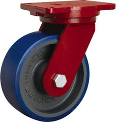 Hamilton - 8" Diam x 3" Wide x 10-1/2" OAH Top Plate Mount Swivel Caster - Polyurethane Mold onto Cast Iron Center, 2,000 Lb Capacity, Precision Tapered Roller Bearing, 6-1/8 x 7-1/2" Plate - Exact Industrial Supply