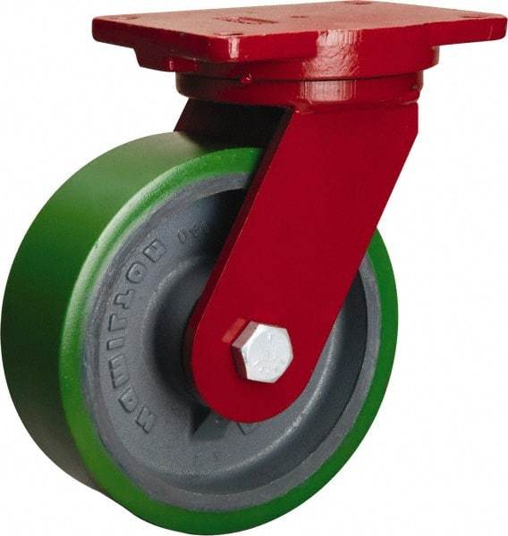 Hamilton - 8" Diam x 3" Wide x 10-1/2" OAH Top Plate Mount Swivel Caster - Polyurethane Mold onto Cast Iron Center, 2,500 Lb Capacity, Tapered Roller Bearing, 6-1/8 x 7-1/2" Plate - Exact Industrial Supply