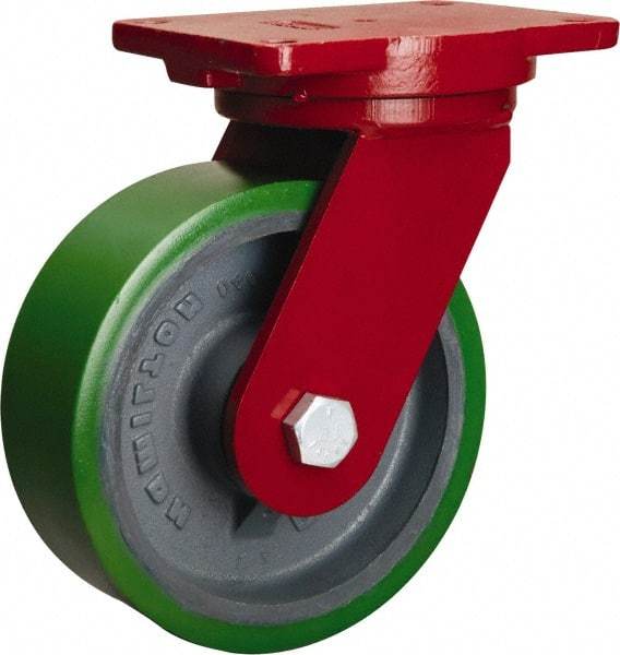 Hamilton - 8" Diam x 2-1/2" Wide x 10-1/2" OAH Top Plate Mount Swivel Caster - Polyurethane Mold onto Cast Iron Center, 2,000 Lb Capacity, Sealed Precision Ball Bearing, 6-1/8 x 7-1/2" Plate - Exact Industrial Supply