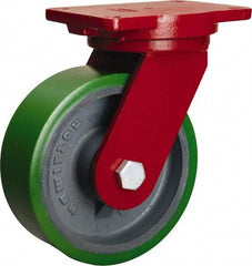 Hamilton - 8" Diam x 2-1/2" Wide x 10-1/2" OAH Top Plate Mount Swivel Caster - Polyurethane Mold onto Cast Iron Center, 2,000 Lb Capacity, Tapered Roller Bearing, 6-1/8 x 7-1/2" Plate - Exact Industrial Supply
