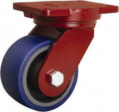 Hamilton - 6" Diam x 3" Wide x 8-1/2" OAH Top Plate Mount Swivel Caster - Polyurethane Mold onto Cast Iron Center, 1,800 Lb Capacity, Precision Tapered Roller Bearing, 6-1/8 x 7-1/2" Plate - Exact Industrial Supply