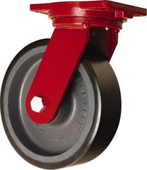 Hamilton - 10" Diam x 3" Wide x 12-1/2" OAH Top Plate Mount Swivel Caster - Polyurethane Mold onto Cast Iron Center, 3,900 Lb Capacity, Tapered Roller Bearing, 6-1/8 x 7-1/2" Plate - Exact Industrial Supply