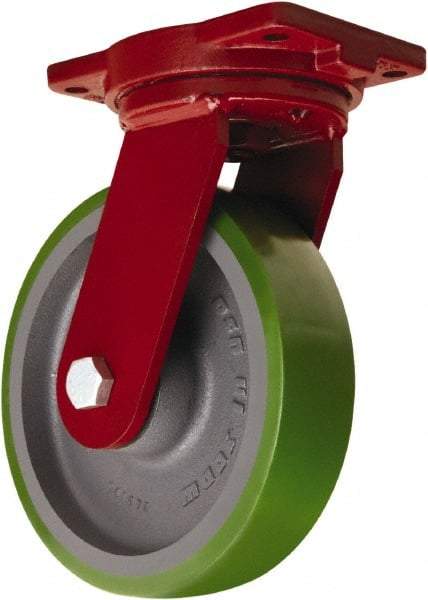 Hamilton - 10" Diam x 2-1/2" Wide x 12-1/2" OAH Top Plate Mount Swivel Caster - Polyurethane Mold onto Cast Iron Center, 2,500 Lb Capacity, Sealed Precision Ball Bearing, 6-1/8 x 7-1/2" Plate - Exact Industrial Supply