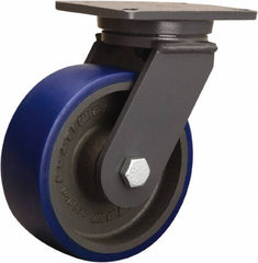 Hamilton - 8" Diam x 3" Wide x 10-1/2" OAH Top Plate Mount Swivel Caster - Polyurethane Mold onto Cast Iron Center, 2,000 Lb Capacity, Tapered Roller Bearing, 5-1/4 x 7-1/4" Plate - Exact Industrial Supply