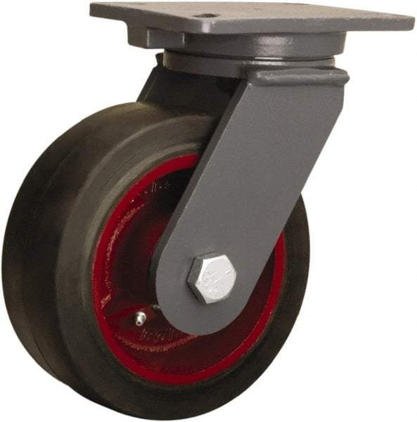 Hamilton - 8" Diam x 3" Wide x 10-1/2" OAH Top Plate Mount Swivel Caster - Rubber Mold on Cast Iron, 840 Lb Capacity, Precision Tapered Roller Bearing, 5-1/4 x 7-1/4" Plate - Exact Industrial Supply