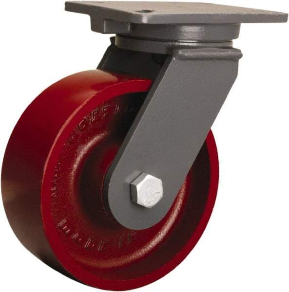 Hamilton - 8" Diam x 3" Wide x 10-1/2" OAH Top Plate Mount Swivel Caster - Cast Iron, 2,600 Lb Capacity, Tapered Roller Bearing, 5-1/4 x 7-1/4" Plate - Exact Industrial Supply
