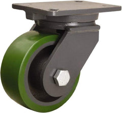Hamilton - 6" Diam x 2-1/2" Wide x 8" OAH Top Plate Mount Swivel Caster - Polyurethane Mold onto Cast Iron Center, 1,600 Lb Capacity, Tapered Roller Bearing, 5-1/4 x 7-1/4" Plate - Exact Industrial Supply