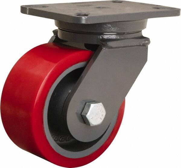 Hamilton - 6" Diam x 3" Wide x 8" OAH Top Plate Mount Swivel Caster - Polyurethane Mold onto Cast Iron Center, 2,600 Lb Capacity, Sealed Precision Ball Bearing, 5-1/4 x 7-1/4" Plate - Exact Industrial Supply