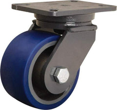 Hamilton - 6" Diam x 3" Wide x 8" OAH Top Plate Mount Swivel Caster - Polyurethane Mold onto Cast Iron Center, 1,800 Lb Capacity, Tapered Roller Bearing, 5-1/4 x 7-1/4" Plate - Exact Industrial Supply