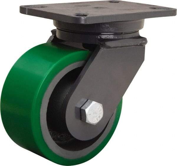 Hamilton - 6" Diam x 3" Wide x 8" OAH Top Plate Mount Swivel Caster - Polyurethane Mold onto Cast Iron Center, 2,200 Lb Capacity, Tapered Roller Bearing, 5-1/4 x 7-1/4" Plate - Exact Industrial Supply