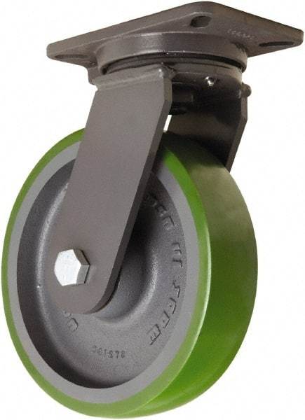 Hamilton - 10" Diam x 2-1/2" Wide x 12-1/2" OAH Top Plate Mount Swivel Caster - Polyurethane Mold onto Cast Iron Center, 2,500 Lb Capacity, Tapered Roller Bearing, 5-1/4 x 7-1/4" Plate - Exact Industrial Supply