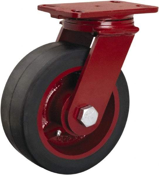 Hamilton - 8" Diam x 3" Wide x 10-1/8" OAH Top Plate Mount Swivel Caster - Rubber Mold on Cast Iron, 840 Lb Capacity, Straight Roller Bearing, 4-1/2 x 6-1/2" Plate - Exact Industrial Supply