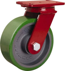 Hamilton - 8" Diam x 3" Wide x 10-1/8" OAH Top Plate Mount Swivel Caster - Polyurethane Mold onto Cast Iron Center, 2,200 Lb Capacity, Tapered Roller Bearing, 4-1/2 x 6-1/2" Plate - Exact Industrial Supply