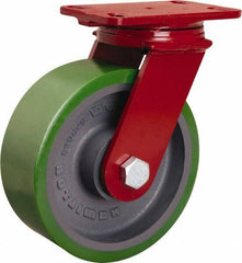 Hamilton - 8" Diam x 3" Wide x 10-1/8" OAH Top Plate Mount Swivel Caster - Polyurethane Mold onto Cast Iron Center, 2,200 Lb Capacity, Sealed Precision Ball Bearing, 4-1/2 x 6-1/2" Plate - Exact Industrial Supply