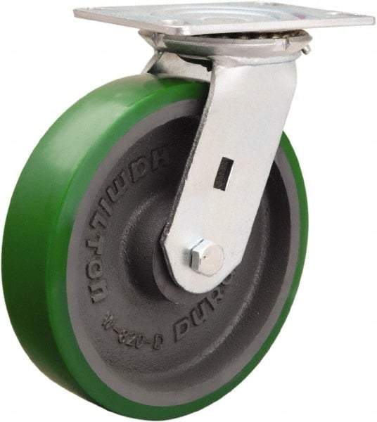 Hamilton - 8" Diam x 2" Wide x 9-1/2" OAH Top Plate Mount Swivel Caster - Polyurethane Mold onto Cast Iron Center, 1,500 Lb Capacity, Sealed Precision Ball Bearing, 4-1/2 x 6-1/4" Plate - Exact Industrial Supply