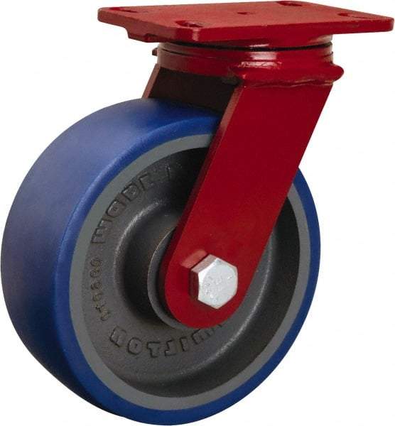 Hamilton - 8" Diam x 3" Wide x 10-1/8" OAH Top Plate Mount Swivel Caster - Polyurethane Mold onto Cast Iron Center, 2,000 Lb Capacity, Tapered Roller Bearing, 4-1/2 x 6-1/2" Plate - Exact Industrial Supply
