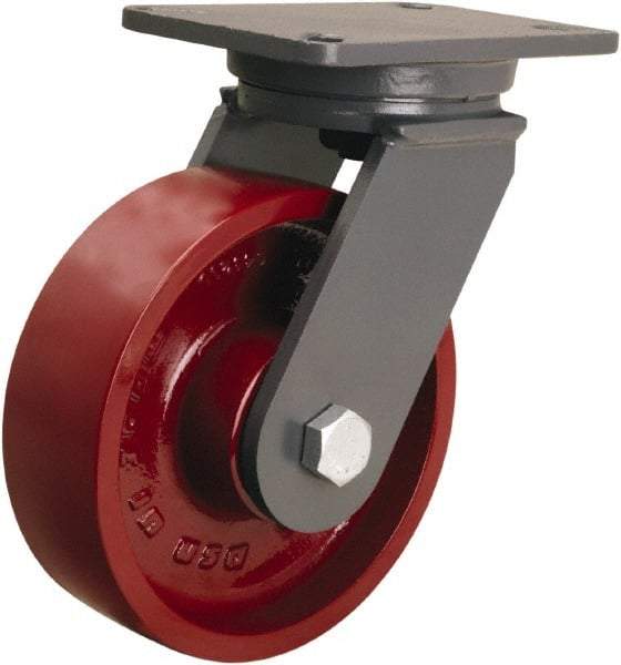 Hamilton - 8" Diam x 2-1/2" Wide x 10-1/2" OAH Top Plate Mount Swivel Caster - Cast Iron, 2,500 Lb Capacity, Tapered Roller Bearing, 5-1/4 x 7-1/4" Plate - Exact Industrial Supply