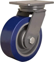 Hamilton - 8" Diam x 3" Wide x 10-1/2" OAH Top Plate Mount Swivel Caster - Polyurethane Mold onto Cast Iron Center, 3,500 Lb Capacity, Straight Roller Bearing, 5-1/4 x 7-1/4" Plate - Exact Industrial Supply