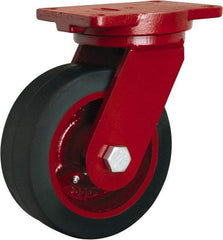 Hamilton - 10" Diam x 3" Wide x 12-1/2" OAH Top Plate Mount Swivel Caster - Rubber Mold on Cast Iron, 1,000 Lb Capacity, Precision Tapered Roller Bearing, 6-1/8 x 7-1/2" Plate - Exact Industrial Supply