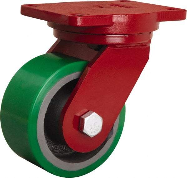 Hamilton - 6" Diam x 3" Wide x 8-1/2" OAH Top Plate Mount Swivel Caster - Polyurethane Mold onto Cast Iron Center, 2,200 Lb Capacity, Tapered Roller Bearing, 6-1/8 x 7-1/2" Plate - Exact Industrial Supply
