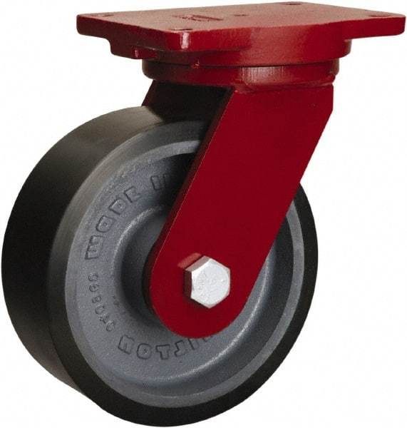 Hamilton - 8" Diam x 3" Wide x 10-1/2" OAH Top Plate Mount Swivel Caster - Polyurethane Mold onto Cast Iron Center, 3,250 Lb Capacity, Tapered Roller Bearing, 6-1/8 x 7-1/2" Plate - Exact Industrial Supply