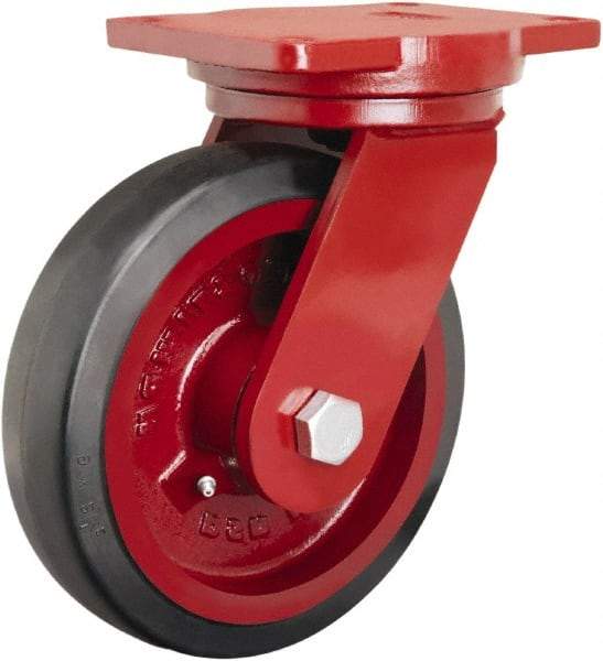 Hamilton - 8" Diam x 2-1/2" Wide x 10-1/2" OAH Top Plate Mount Swivel Caster - Rubber Mold on Cast Iron, 670 Lb Capacity, Straight Roller Bearing, 6-1/8 x 7-1/2" Plate - Exact Industrial Supply