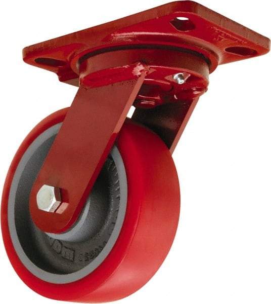 Hamilton - 6" Diam x 2" Wide x 7-3/4" OAH Top Plate Mount Swivel Caster - Polyurethane Mold onto Cast Iron Center, 1,400 Lb Capacity, Tapered Roller Bearing, 4-1/2 x 6-1/2" Plate - Exact Industrial Supply