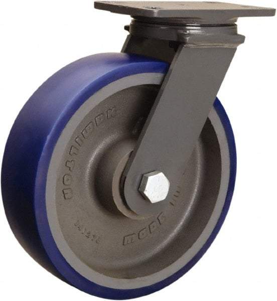 Hamilton - 10" Diam x 3" Wide x 12-1/16" OAH Top Plate Mount Swivel Caster - Polyurethane Mold onto Cast Iron Center, 2,400 Lb Capacity, Tapered Roller Bearing, 4-1/2 x 6-1/2" Plate - Exact Industrial Supply