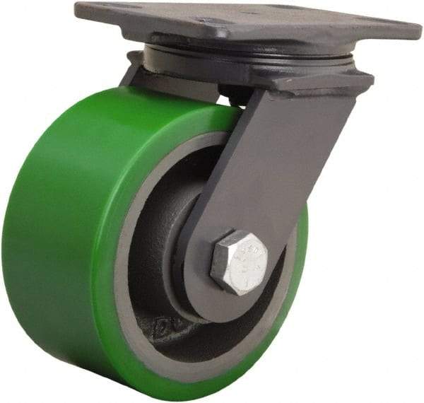 Hamilton - 6" Diam x 3" Wide x 7-3/4" OAH Top Plate Mount Swivel Caster - Polyurethane Mold onto Cast Iron Center, 2,200 Lb Capacity, Tapered Roller Bearing, 4-1/2 x 6-1/2" Plate - Exact Industrial Supply