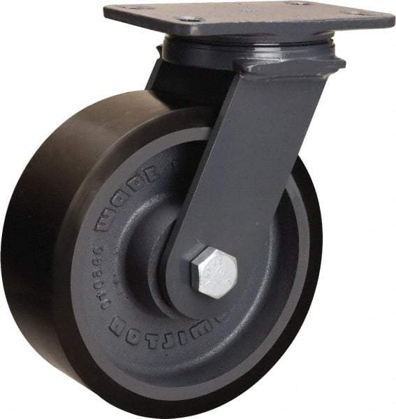 Hamilton - 8" Diam x 3" Wide x 10-1/4" OAH Top Plate Mount Swivel Caster - Polyurethane Mold onto Cast Iron Center, 2,400 Lb Capacity, Tapered Roller Bearing, 4-1/2 x 6-1/2" Plate - Exact Industrial Supply