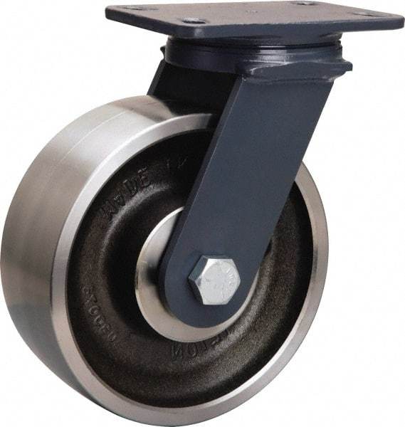 Hamilton - 8" Diam x 3" Wide x 10-1/4" OAH Top Plate Mount Swivel Caster - Forged Steel, 2,400 Lb Capacity, Sealed Precision Ball Bearing, 4-1/2 x 6-1/2" Plate - Exact Industrial Supply