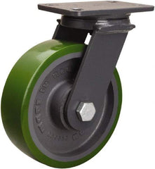 Hamilton - 8" Diam x 2-1/2" Wide x 10-1/4" OAH Top Plate Mount Swivel Caster - Polyurethane Mold onto Cast Iron Center, 2,000 Lb Capacity, Tapered Roller Bearing, 4-1/2 x 6-1/2" Plate - Exact Industrial Supply