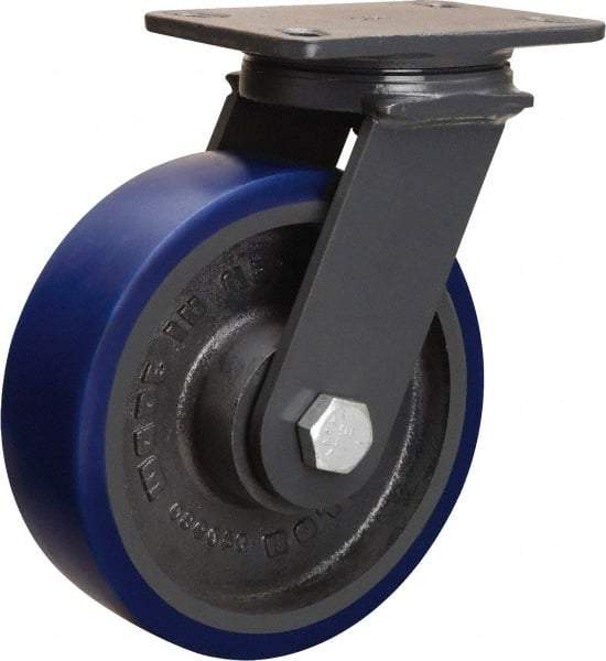 Hamilton - 8" Diam x 3" Wide x 10-1/4" OAH Top Plate Mount Swivel Caster - Polyurethane Mold onto Cast Iron Center, 2,000 Lb Capacity, Tapered Roller Bearing, 4-1/2 x 6-1/2" Plate - Exact Industrial Supply