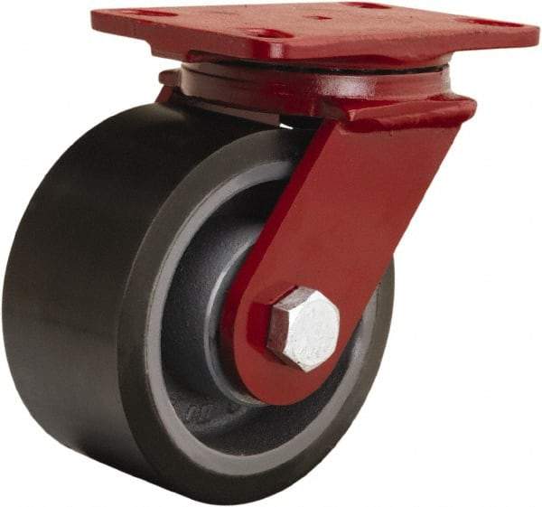 Hamilton - 6" Diam x 3" Wide x 7-1/2" OAH Top Plate Mount Swivel Caster - Polyurethane Mold onto Cast Iron Center, 2,200 Lb Capacity, Tapered Roller Bearing, 4-1/2 x 6-1/2" Plate - Exact Industrial Supply