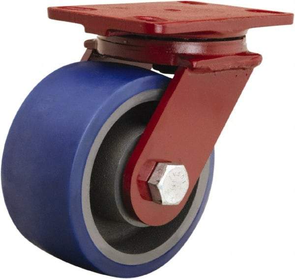 Hamilton - 6" Diam x 3" Wide x 7-1/2" OAH Top Plate Mount Swivel Caster - Polyurethane Mold onto Cast Iron Center, 1,800 Lb Capacity, Tapered Roller Bearing, 4-1/2 x 6-1/2" Plate - Exact Industrial Supply