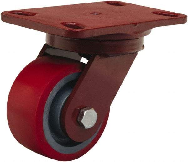 Hamilton - 4" Diam x 2" Wide x 5-5/8" OAH Top Plate Mount Swivel Caster - Polyurethane Mold on Forged Steel, 900 Lb Capacity, Sealed Precision Ball Bearing, 4-1/2 x 6-1/2" Plate - Exact Industrial Supply