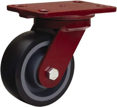 Hamilton - 5" Diam x 2" Wide x 6-3/4" OAH Top Plate Mount Swivel Caster - Polyurethane Mold onto Cast Iron Center, 1,360 Lb Capacity, Tapered Roller Bearing, 4-1/2 x 6-1/2" Plate - Exact Industrial Supply