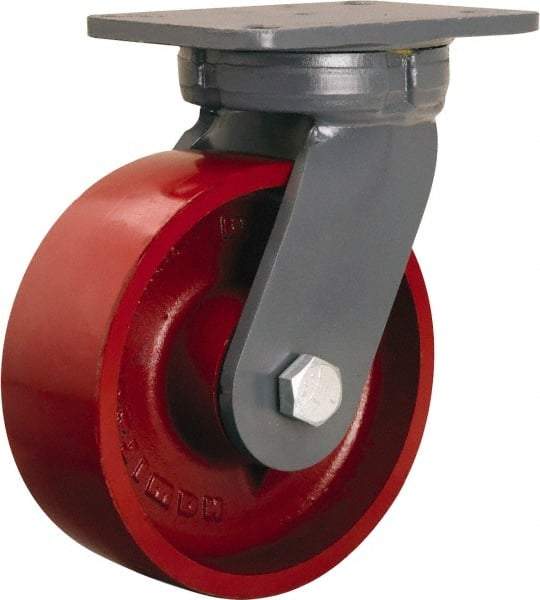 Hamilton - 8" Diam x 3" Wide x 10-1/2" OAH Top Plate Mount Swivel Caster - Cast Iron, 2,600 Lb Capacity, Precision Ball Bearing, 5-1/4 x 7-1/4" Plate - Exact Industrial Supply