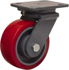 Hamilton - 5" Diam x 2" Wide x 6-1/2" OAH Top Plate Mount Swivel Caster - Polyurethane Mold on Forged Steel, 1,250 Lb Capacity, Sealed Precision Ball Bearing, 4 x 5" Plate - Exact Industrial Supply
