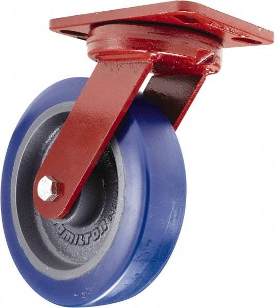 Hamilton - 8" Diam x 2" Wide x 9-3/4" OAH Top Plate Mount Swivel Caster - Polyurethane, 1,650 Lb Capacity, Sealed Precision Ball Bearing, 4-1/2 x 6-1/2" Plate - Exact Industrial Supply