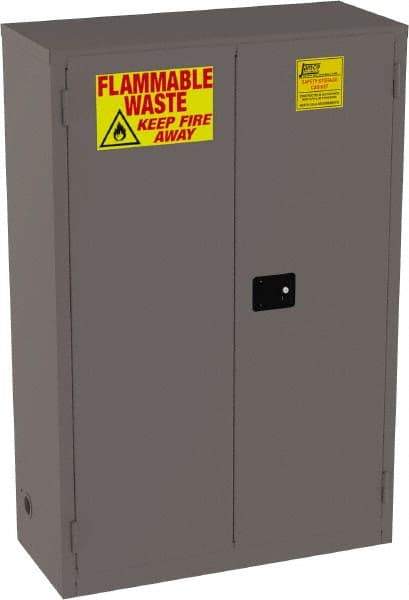Jamco - 2 Door, 2 Shelf, Yellow Steel Double Wall Safety Cabinet for Flammable and Combustible Liquids - 65" High x 18" Wide x 43" Deep, Manual Closing Door, 3 Point Key Lock, 45 Gal Capacity - Exact Industrial Supply