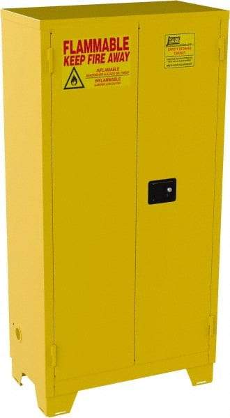 Jamco - 2 Door, 3 Shelf, Yellow Steel Double Wall Safety Cabinet for Flammable and Combustible Liquids - 70" High x 18" Wide x 34" Deep, Manual Closing Door, 3 Point Key Lock, 44 Gal Capacity - Exact Industrial Supply