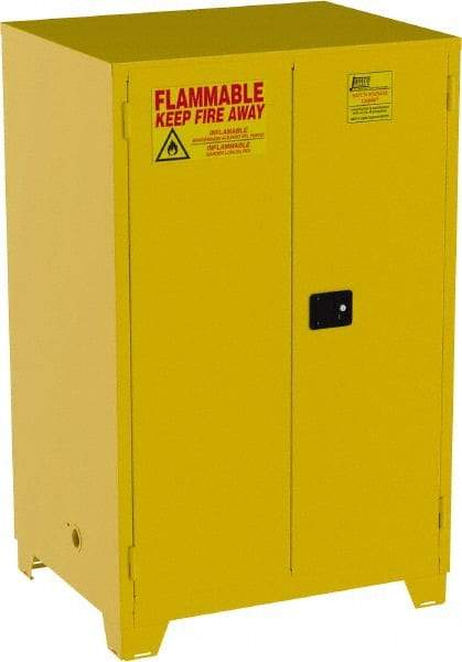 Jamco - 2 Door, 2 Shelf, Yellow Steel Double Wall Safety Cabinet for Flammable and Combustible Liquids - 70" High x 34" Wide x 43" Deep, Manual Closing Door, 3 Point Key Lock, 90 Gal Capacity - Exact Industrial Supply