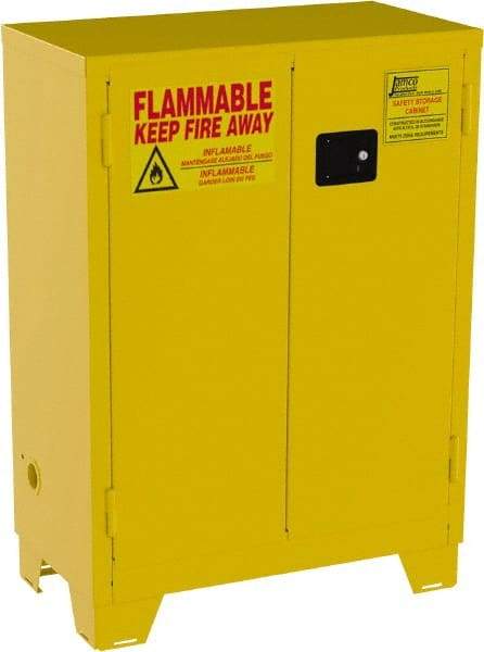 Jamco - 2 Door, 2 Shelf, Yellow Steel Double Wall Safety Cabinet for Flammable and Combustible Liquids - 49" High x 18" Wide x 34" Deep, Manual Closing Door, 3 Point Key Lock, 28 Gal Capacity - Exact Industrial Supply